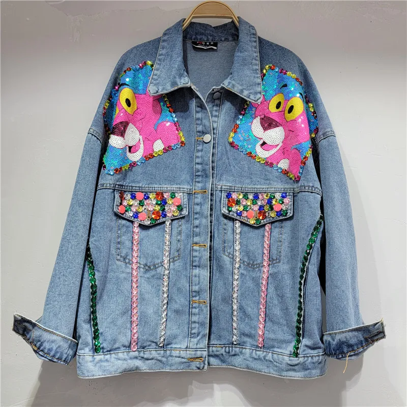 Thai Trendy Brand 2022 Autumn New Cartoon Sequins Splicing Versatile Fried Street Fashion Denim Jacket Women's Top Cross-border