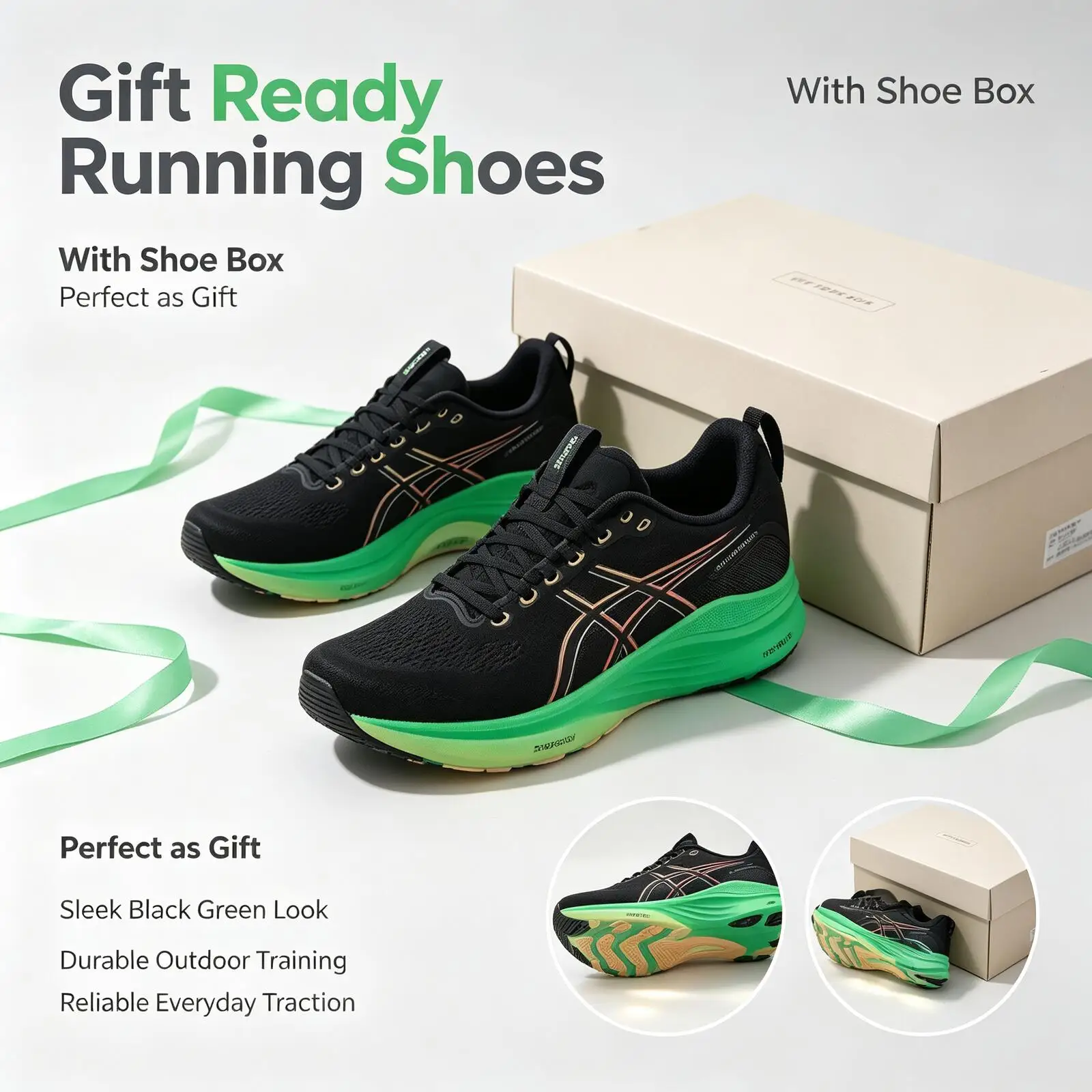 Asics Black Green Running Shoes with Shoe Box Breathable Mesh Upper Cushioned Comfort Durable Training Sneakers Perfect as Gift