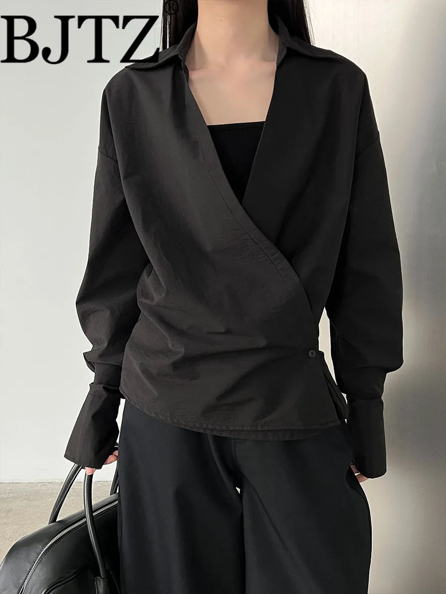 

BJTZ женская рубашка с нерегулярной талией в корейском стиле, осень 2023, новая простая элегантная темпераментная блузка высокого класса