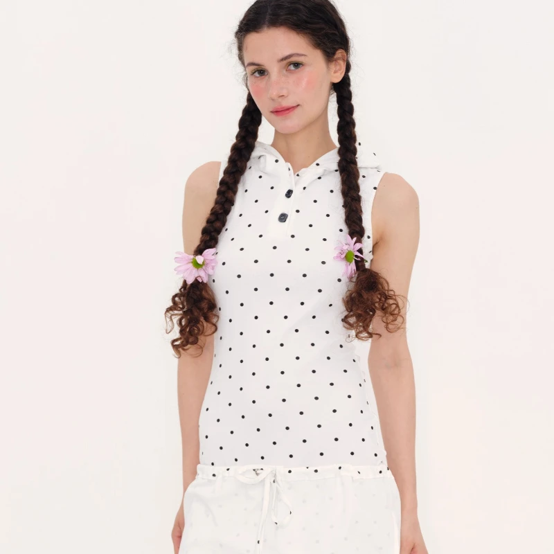 Korean White Polka Dot Stretchy Hooded Casual Drawstring Women's Dress 2025 Summer New Versatile Sleeveless Tank Dresses Ladies