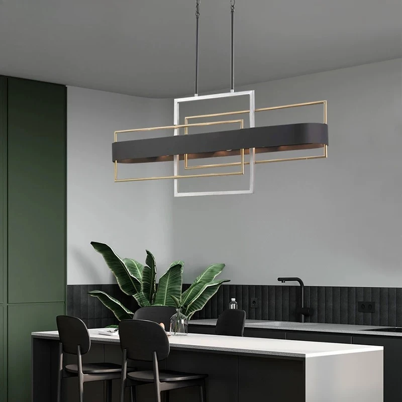 Modern Geometric Linear Chandelier Black Gold White Layered Frame Pendant Light Abstract Overlapping Metal Hanging Lamp