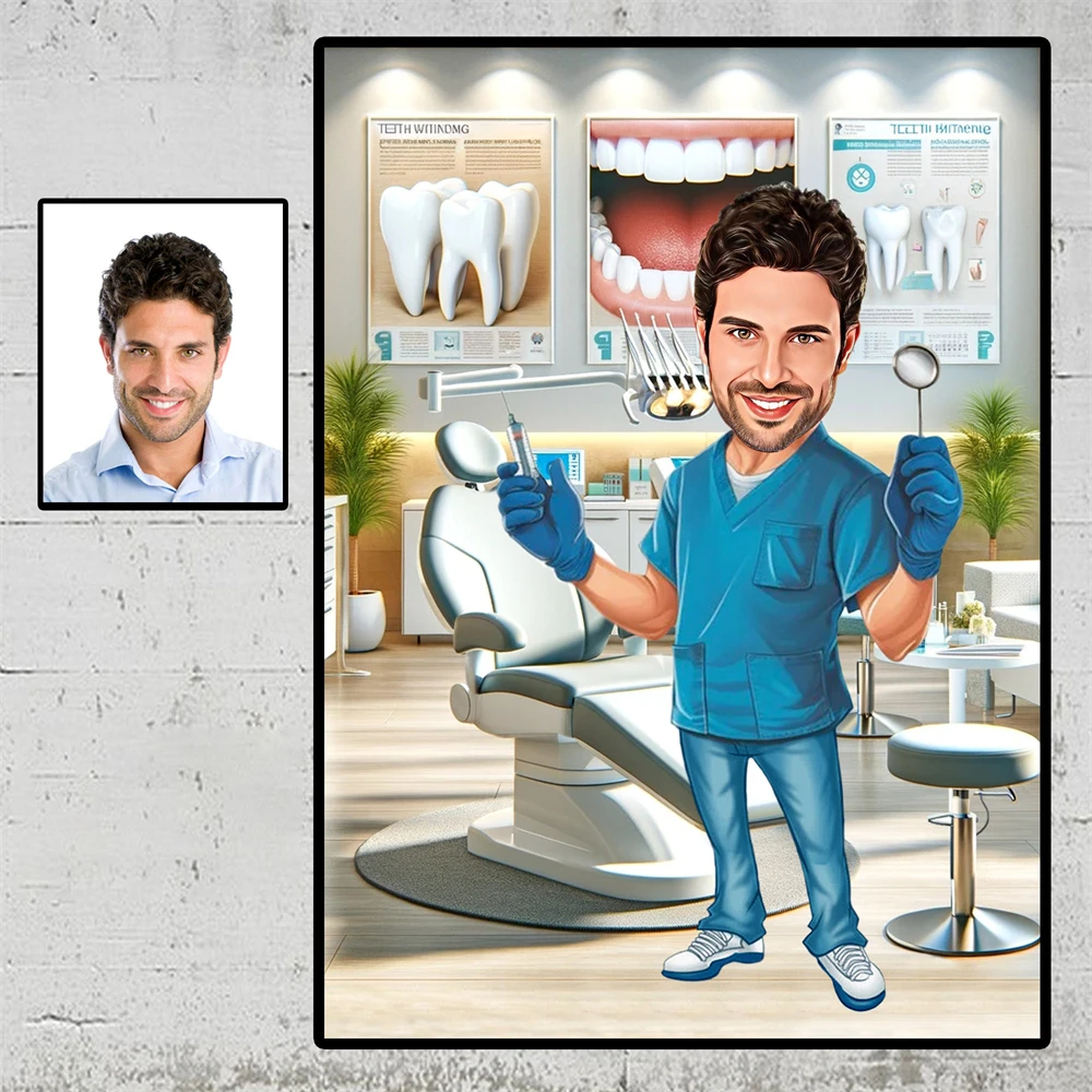 Custom Super Dentist Cartoon Portrait Poster Dentist Caricature Prints Gift Dentist Cartoon Canvas Painting Funny Dentist Decor