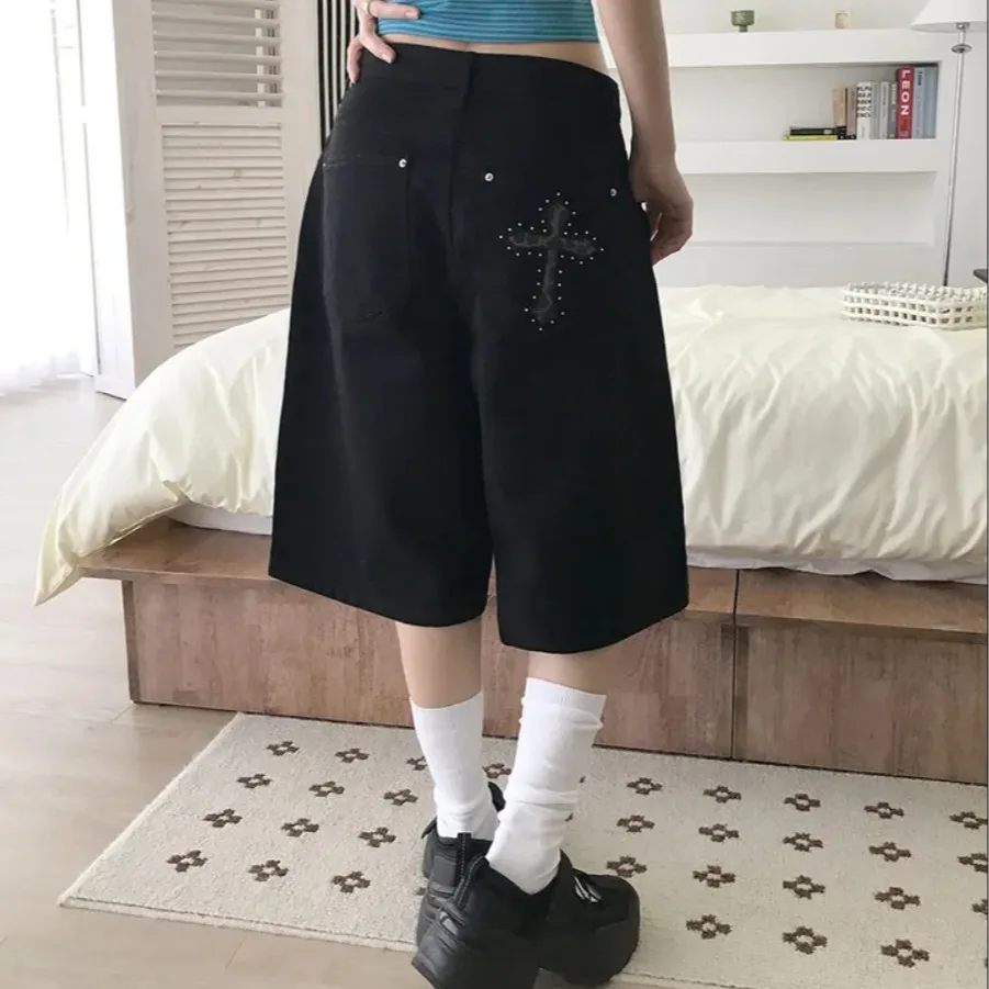Nimo Home Leopard Print Cross Brick Casual Wide Leg Denim Shorts High Waist Five Inch Length Cotton Jeans Summer Leisure Shorts