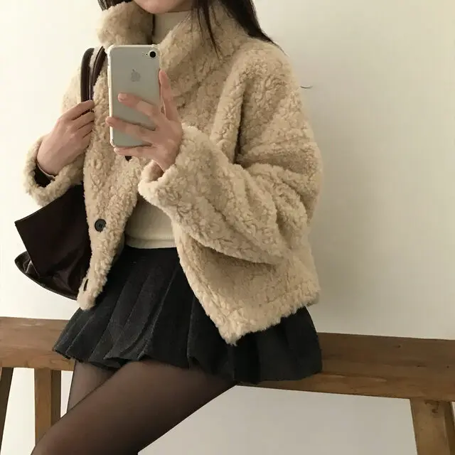 3Colors レディース 韓国プレッピースタイル 暖かいロング厚手ラムファー暖かいコート カジュアルストリート OL アウター（cs3390）