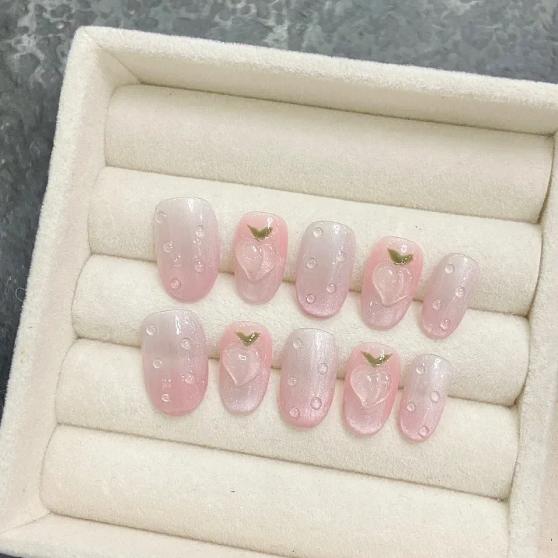 10pcs Handmade Pink Press on Nails Cute Short Reusable Artifical Nail Tips for Girls Manicure Round Peach Design Stick-on Nails