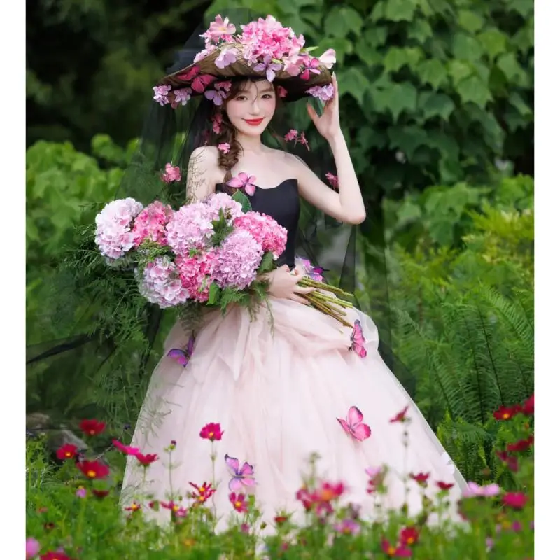 Strapless Sleeveless Pink Butterfly Bow Colored Yarn Splicing Light Wedding Dress For Couples Graduation Adult Dress Customized