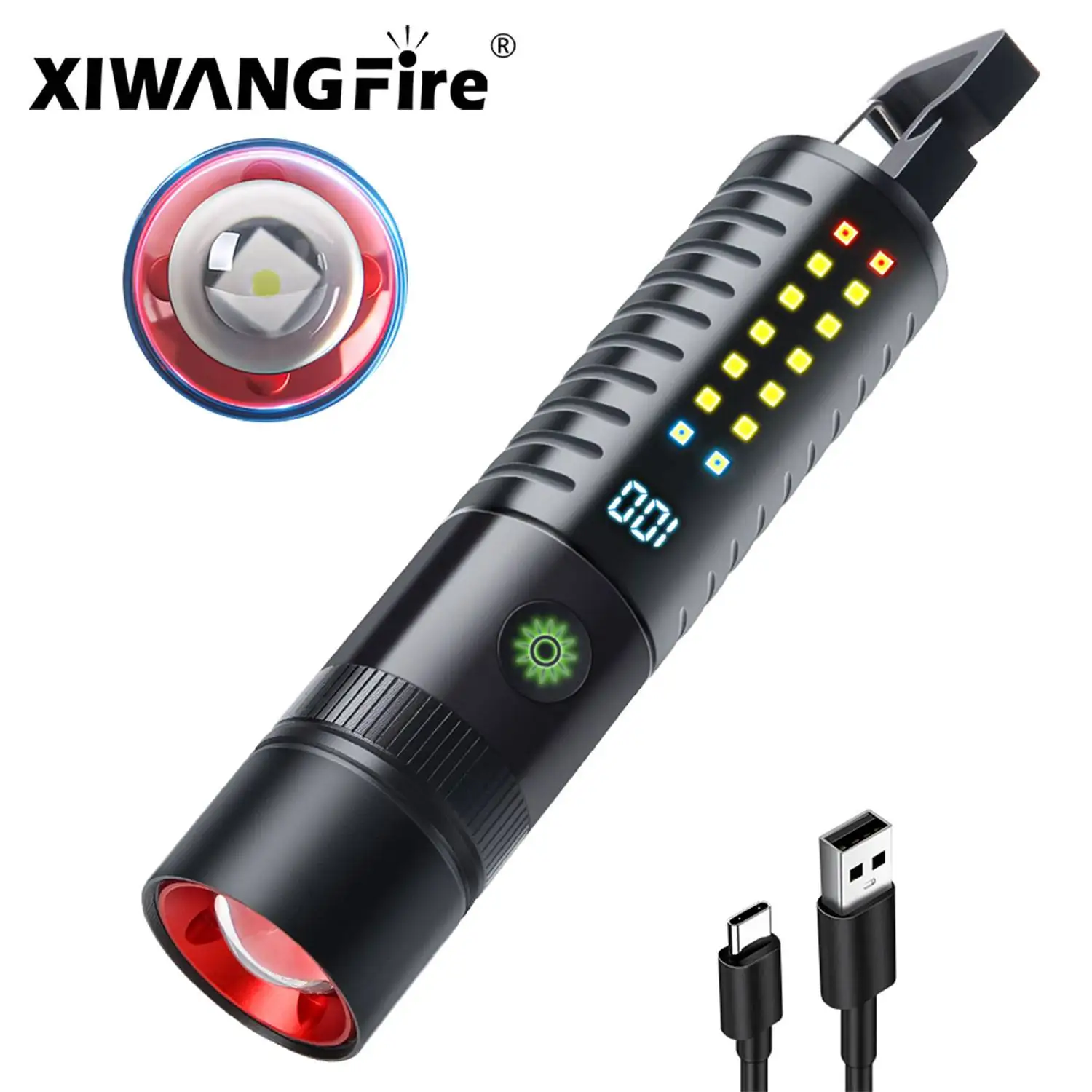 

XIWANGFIRE LED COB Flashlight with Power Display 1200mAh Type-C Rechargeable Torch with Hook Outdoor Camping Emergency Lantern