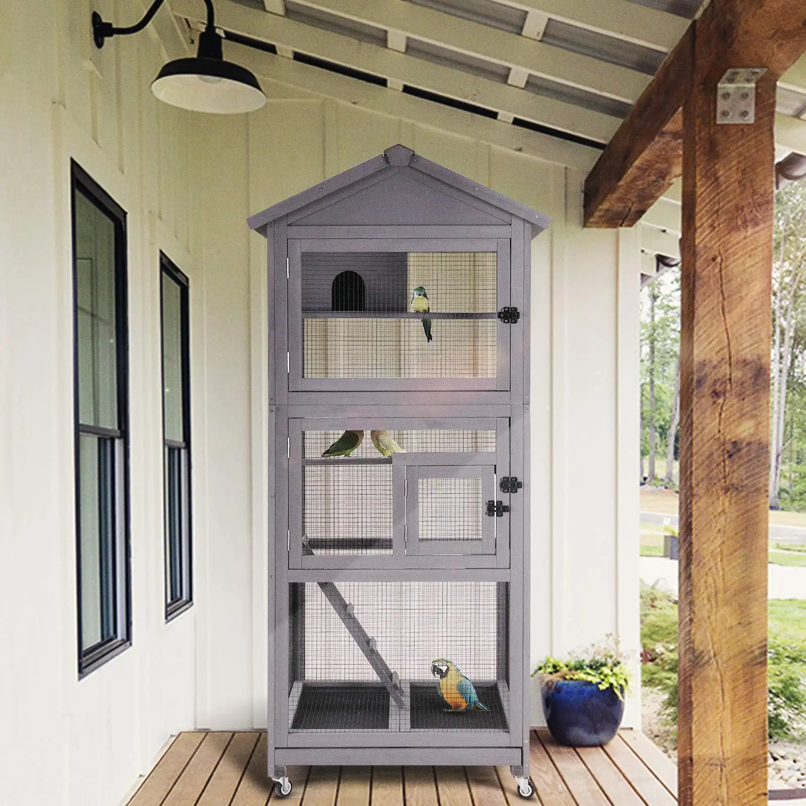 Outdoor Bird Aviary Wooden Large Bird Cage on Wheels, Featuring Play Stand, Perches, Nest Habitat, Include Wire Mesh