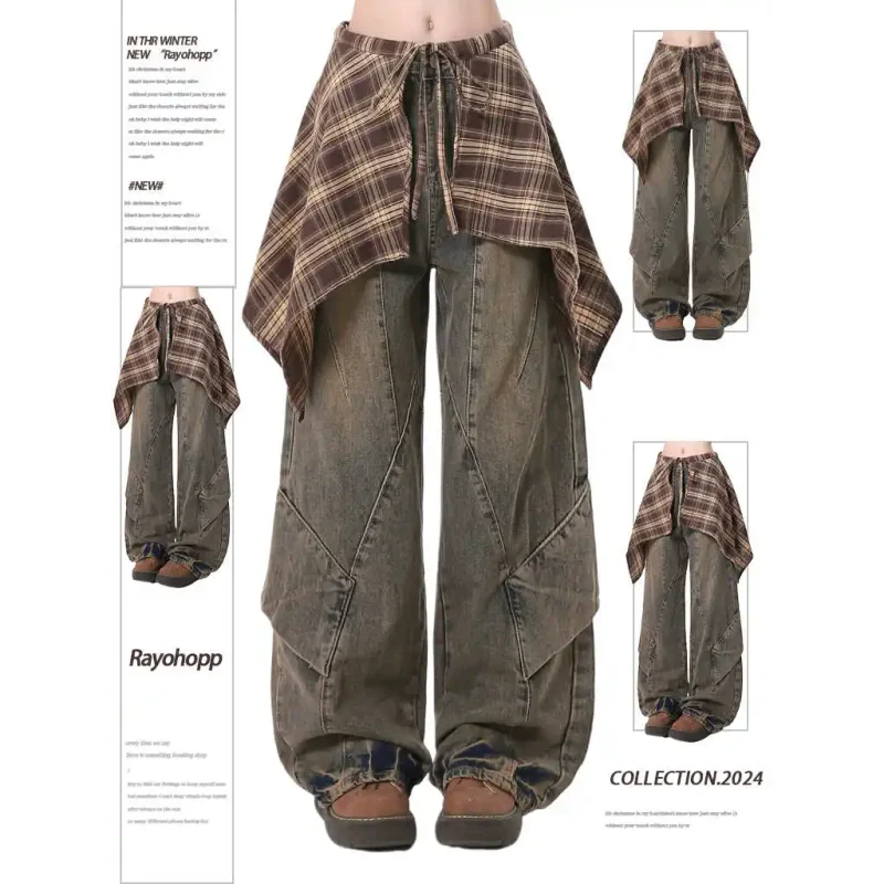 

Женские синие джинсы Y2k с юбкой Harajuku, винтажные мешковатые джинсовые брюки, японский стиль 2000-х годов, джинсовые длинные брюки, одежда, новинка