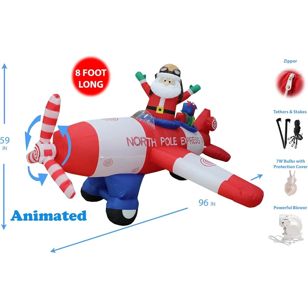 Animated  8 Foot Wide Christmas Inflatable Santa Claus Flying Airplane Blow Up Yard Decoration