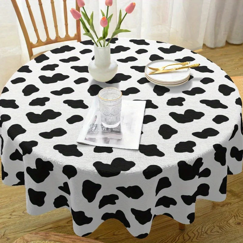 One piece of cow-pattern tablecloth for round table, 60-inch polyester tablecloth for party table decoration.