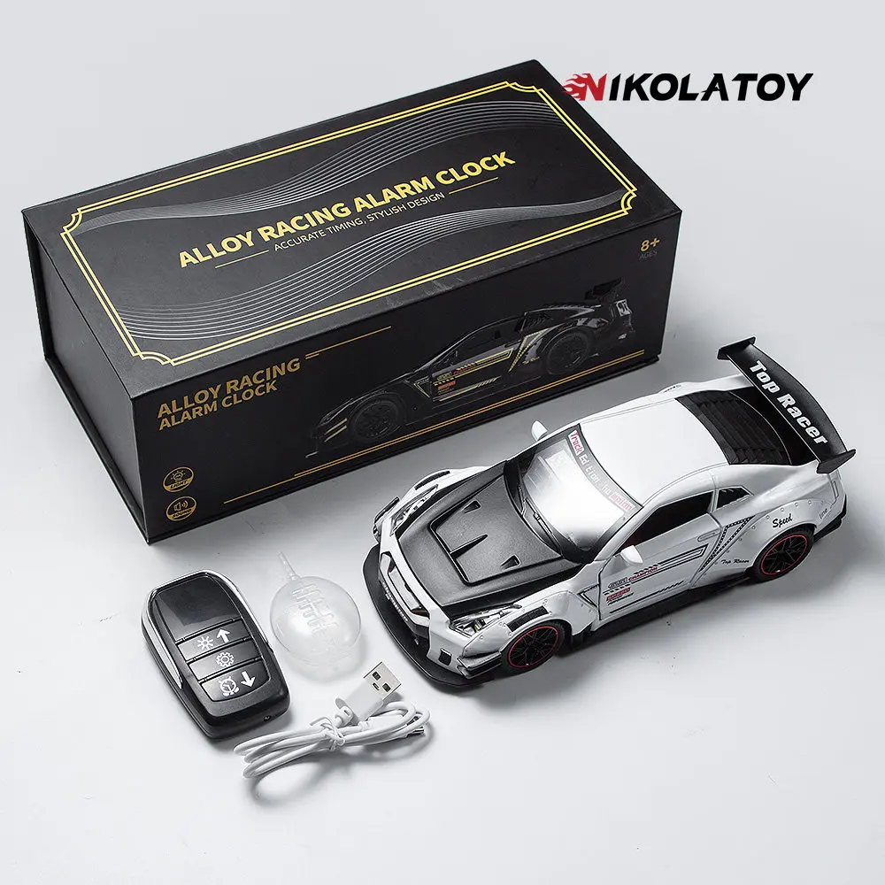Racing car spray alarm clock simulation car model GTR metal track version car model toy desktop ornament giftRacing car spray al