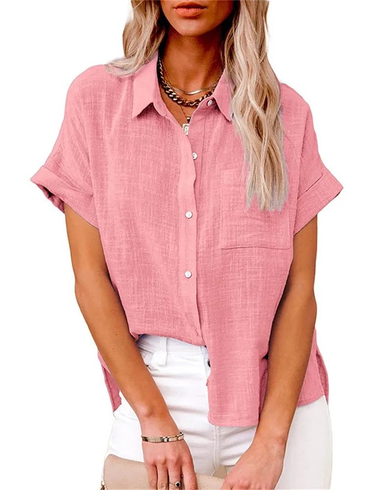 Summer Solid Shirt Lapel Cotton Hemp Button Pocket Flying Sleeve Short Sleeve Shirt  Casual Office Top Clothes For Women
