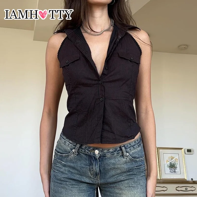 IAMHOTTY Retro Elegant Striped Tank Top Women\'s Summer Chic Streetwear Slim-fitting Button-up Cargo Vest Y2K Sleeveless Tops