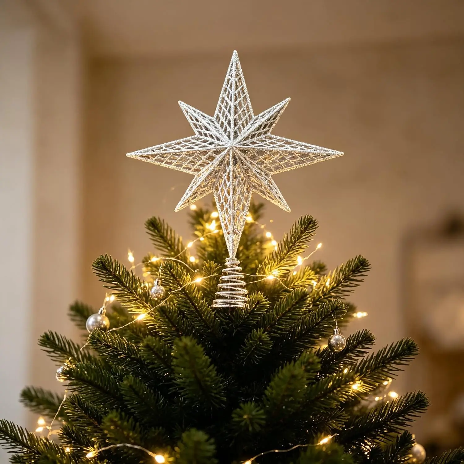 GAOMON Silver Hollow Metal Christmas Treetop, Large Iron Tree Top Decor