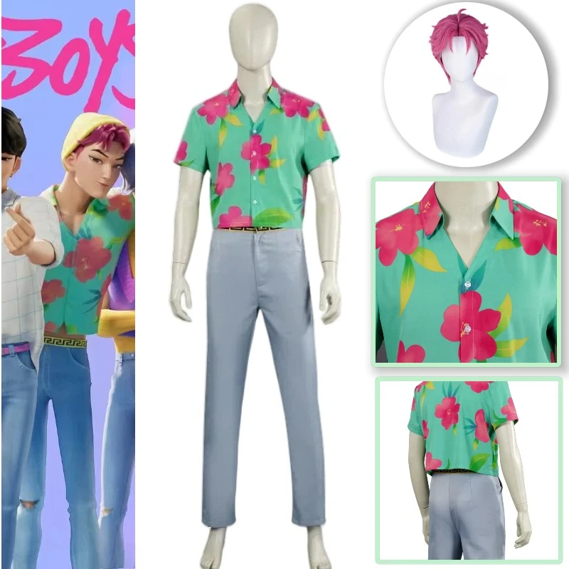 زي أنيمي Kpop شيطان الصيادين آبي كوسبلاي قميص أخضر سروال رمادي شعر مستعار مجموعة كاملة للرجال ملابس غير رسمية لعب الأدوار