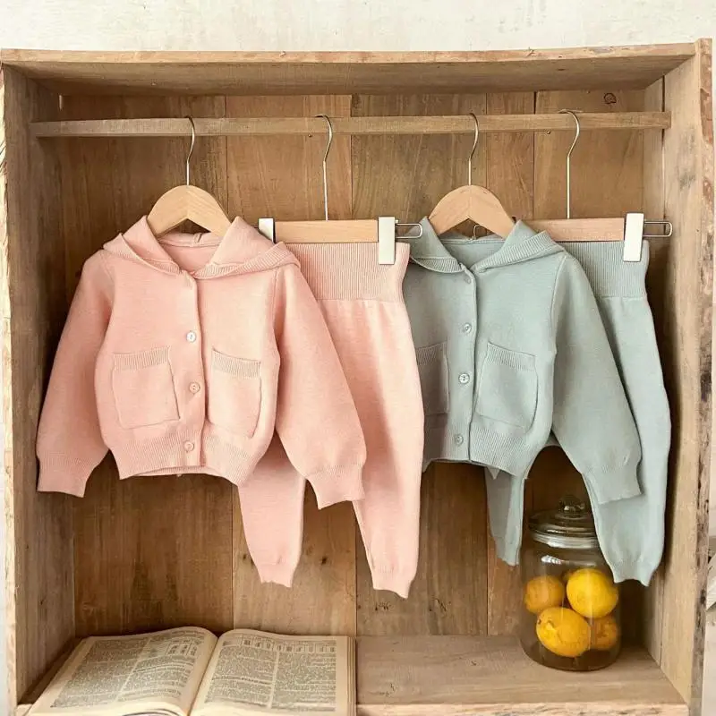 2026 Autumn New Baby Long Sleeve Clothes Set Girls Hooded Knitted Cardigan + High Waist Pants 2pcs Suit Toddler Sweater Outfits