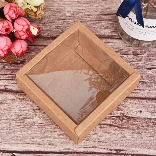 10pcs Square Kraft Paper Flip Box Transparent Frosted PVC Cover Carton Candy Desserts Cosmetic Soap Storage Packaging Boxes