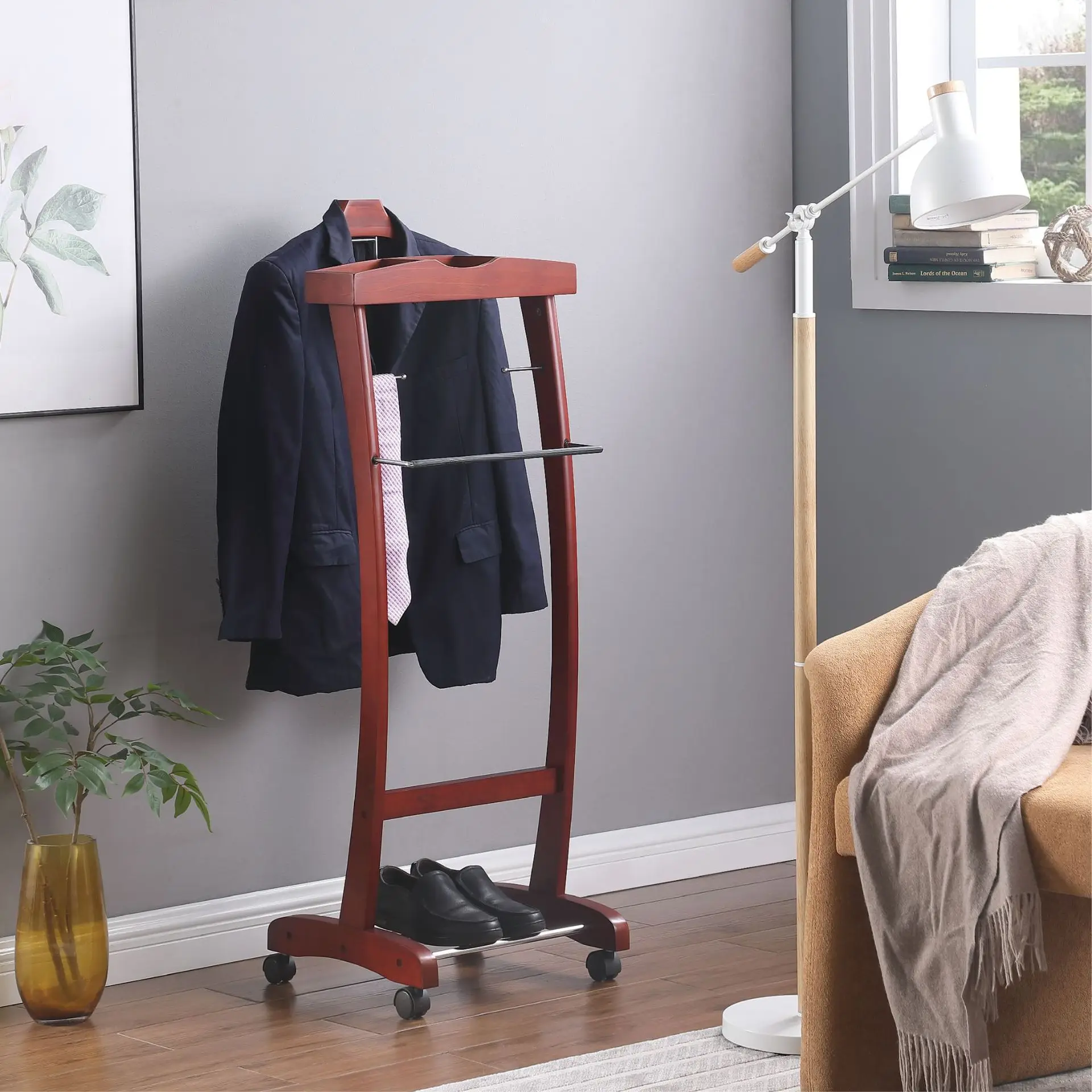 Home solid wood coat rack, floor-standing bedroom office clothes rack, simple modern clothes rack with wheels