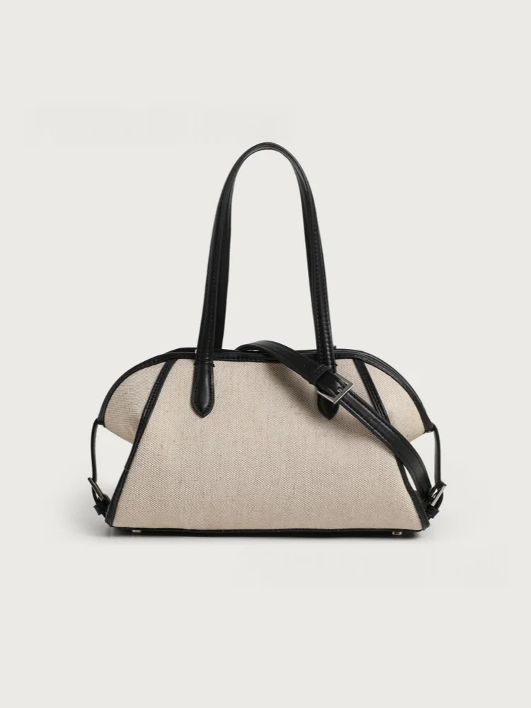 

Women's Linen Canvas Spliced Leather Tote Bag Minimalist Casual Handbag Contrasting Color Bowling Bag Shoulder Composite Bag