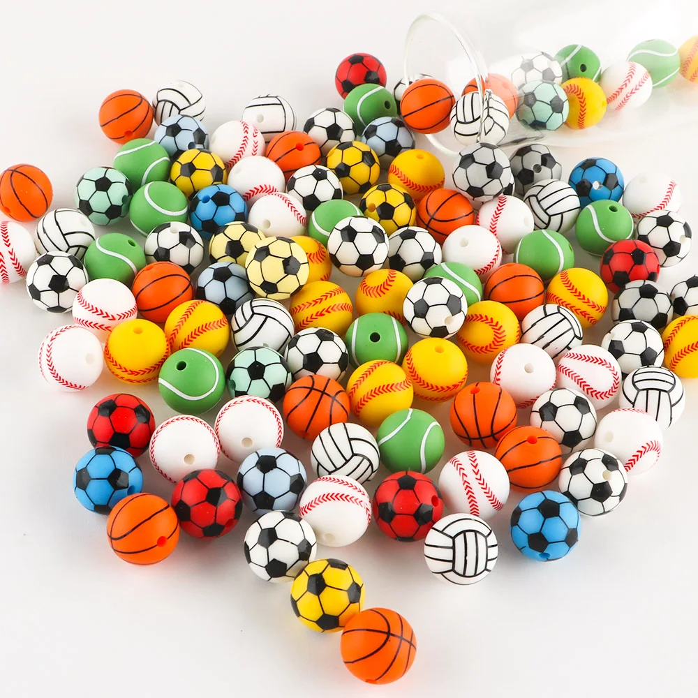 10Pcs/Lot New Printed Silicone Beads 15mm Baseball Tennis Basketball Beads For Jewelry Making DIY Bracelet Jewelry Accessorie