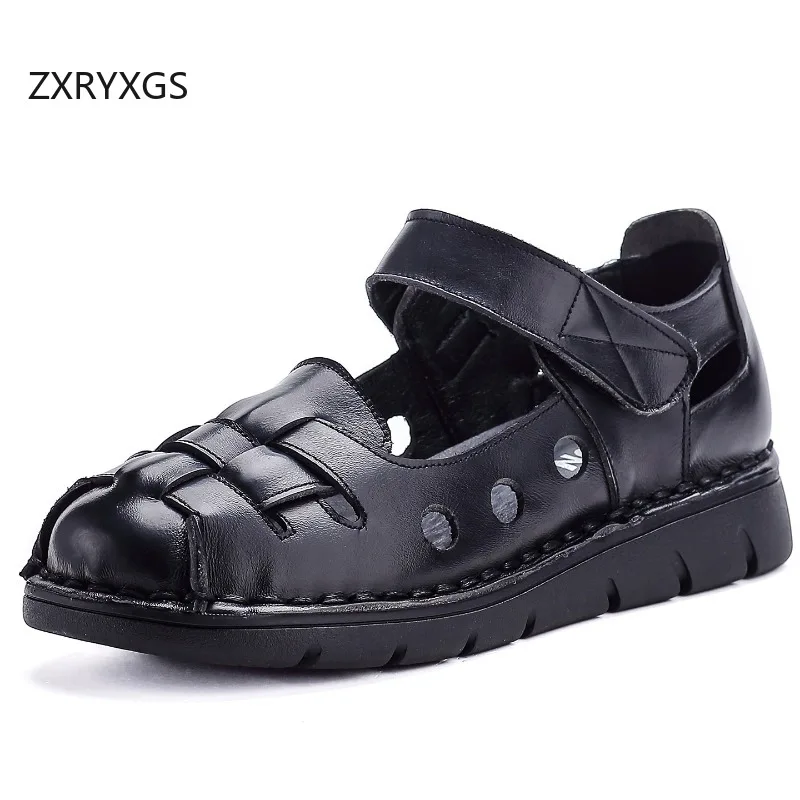 

ZXRYXGS 2026 New Fashion Cowhide Hollow Spring Summer Flats Women's Real Leather Sandals Breathable Comfortable Roman Sandals