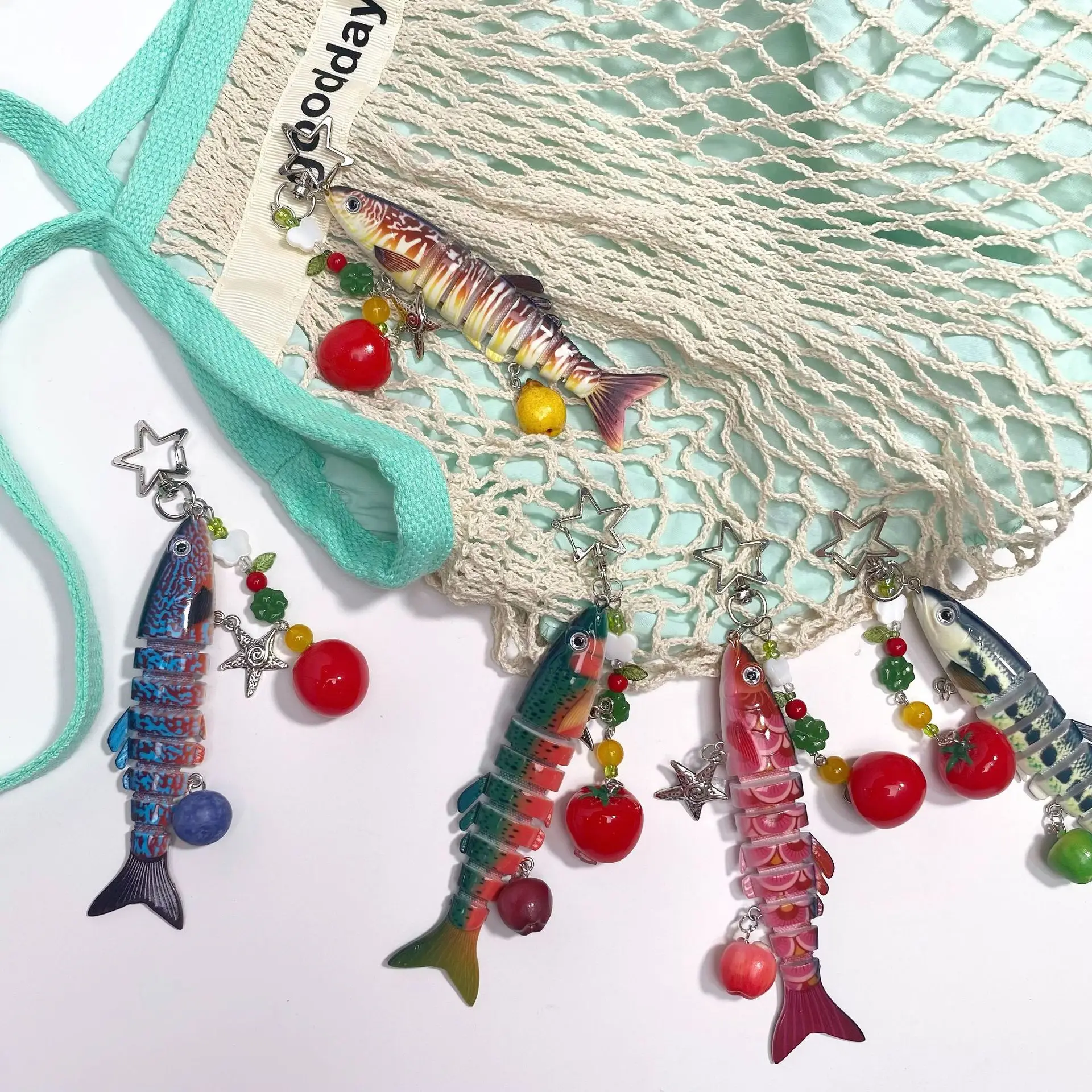 Creative Articulated Fish Bag Charm Cute Summer Shell Sea Star Purse Pendant Luxury Handbag Accessories Key Chain Gift for Women