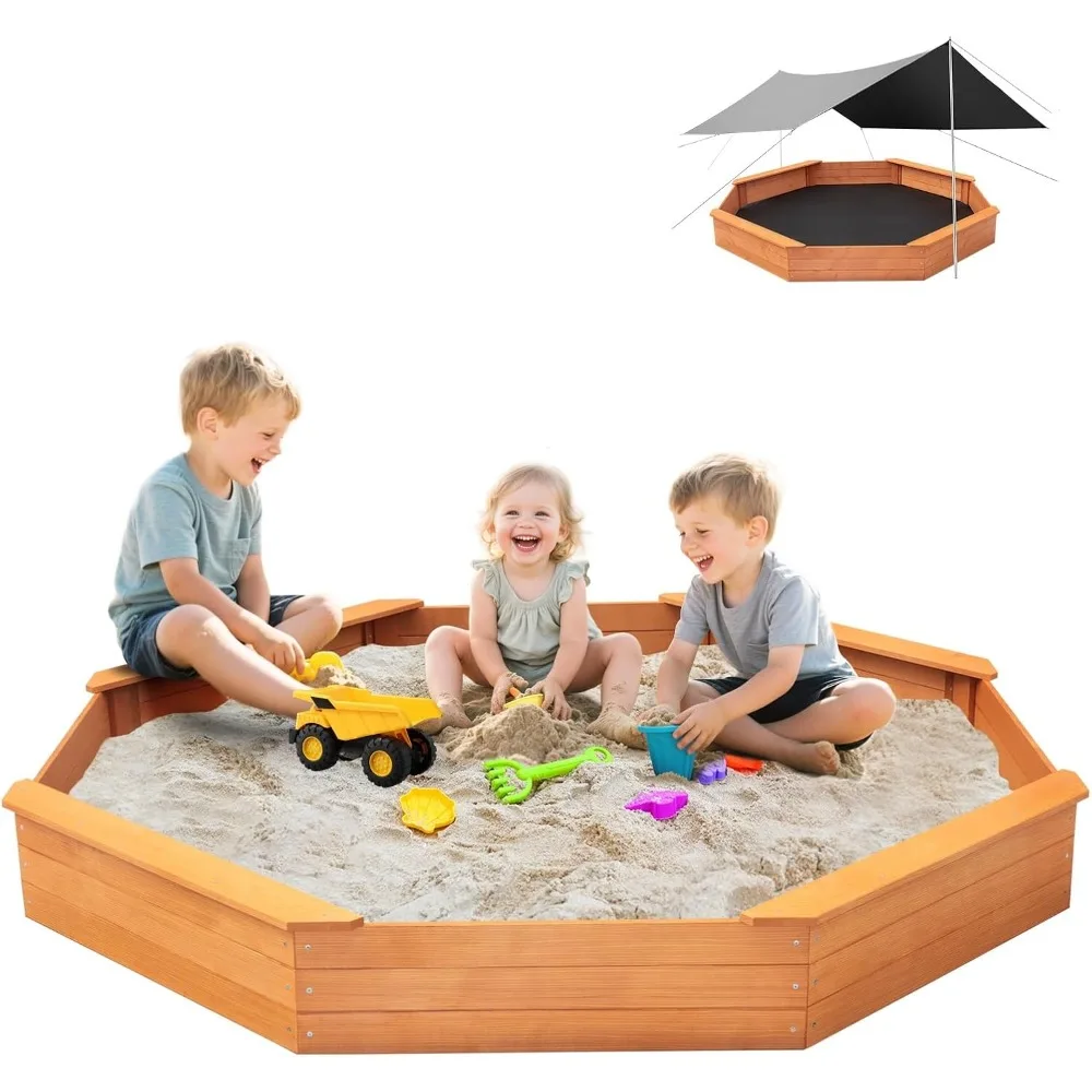 

Kids Large Octagonal Wooden Outdoor Sandbox with Cover, 4 Built-in Benches Extra Large Sandpit, Bottom Liner, Playset Gift