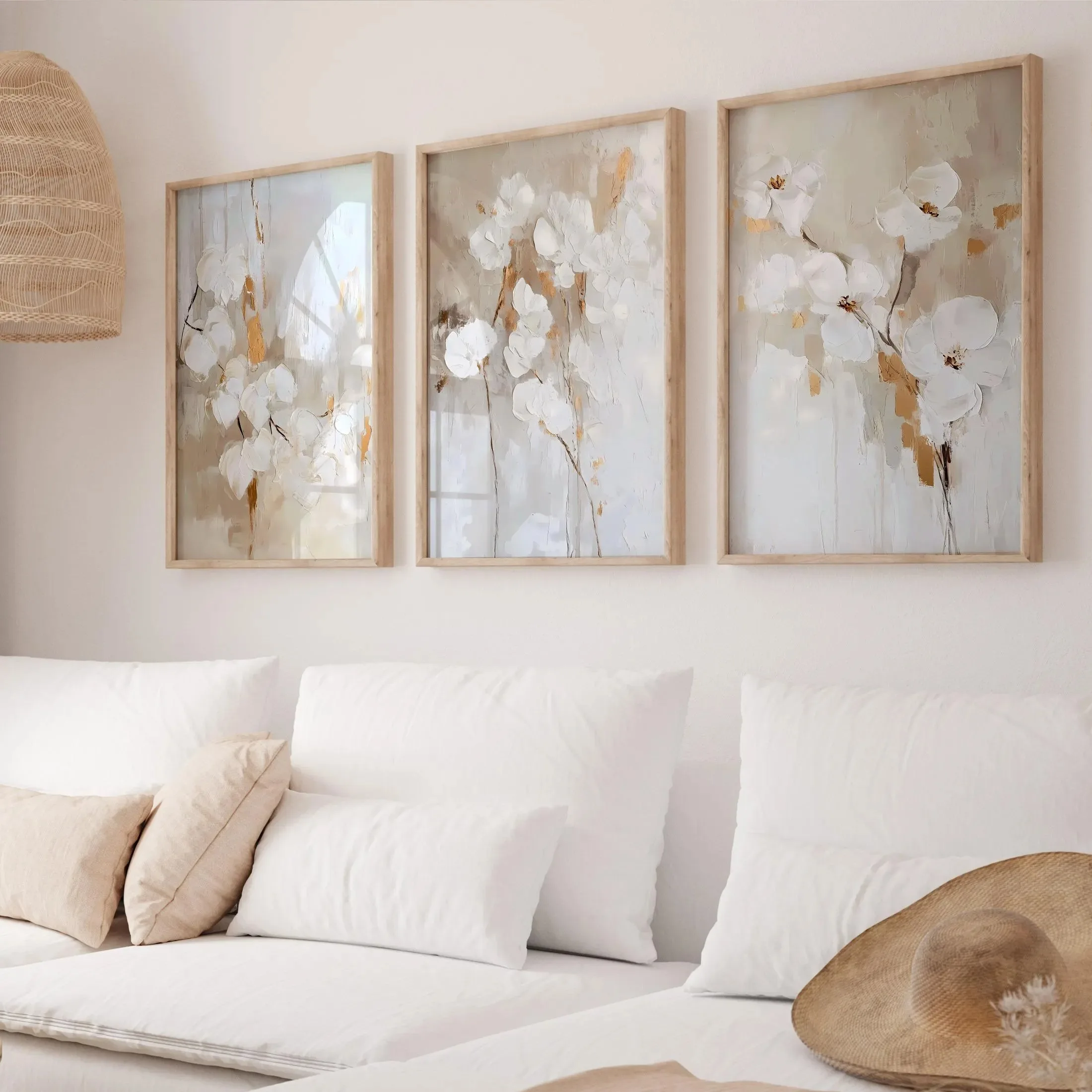 1pc frameless Set of 3 Neutral-Toned Magnolia Floral Prints Beige Minimalist Abstract Floral Canvas Posters Oil Painting Style H