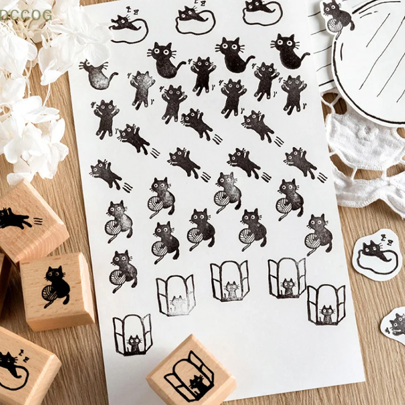 Sello de sello de madera de gato negro, sellos de madera decorativos de gatito lindo para diario, álbum de recortes, letras, fabricación de tarjetas artesanales DIY