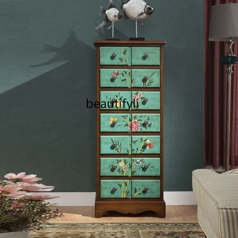 

Solid Wood Drawer Chest Living Room Bedroom Storage Vintage Painted Furniture Storage Cabinet
