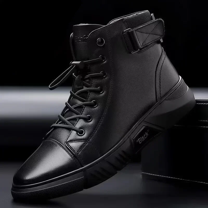 Bottes en cuir à plateforme décontractées britanniques pour hommes, bottes de moto noires, chaussures de rinçage, confortables, garder au chaud,