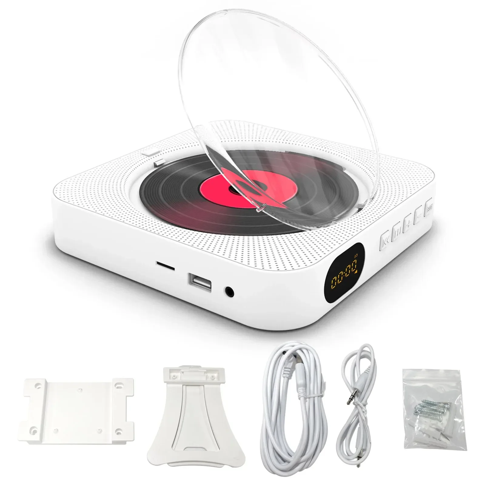 KC-909 휴대용 CD 플레이어 내장 스피커, 스테레오 더블 3.5mm 헤드폰 잭, LED 스크린, 벽걸이 CD 음악 플레이어 2024