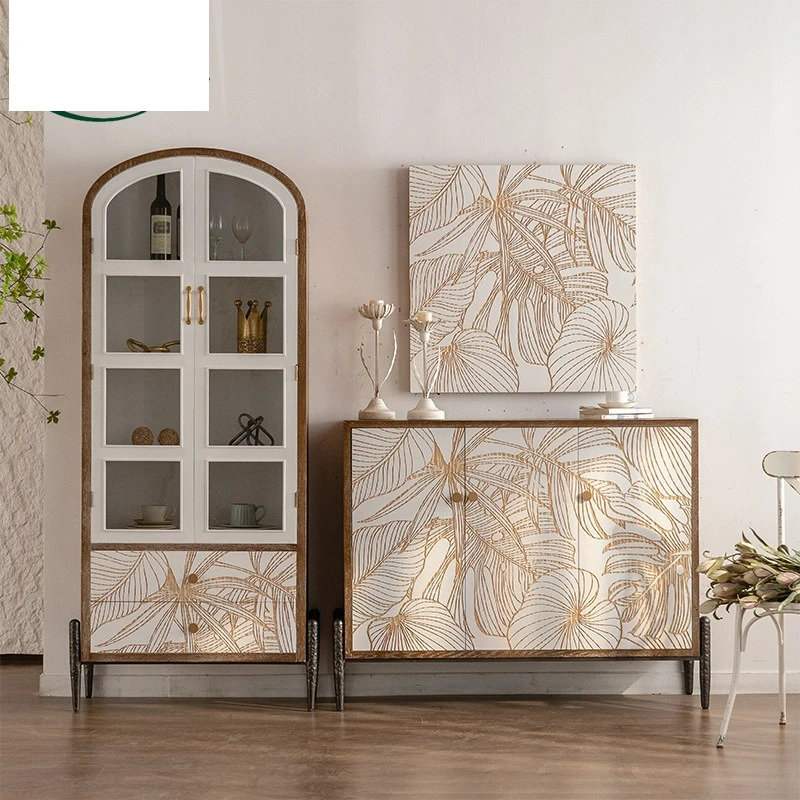 Wabi-**** retro carved combination entrance cabinet American rural dust-proof glass wine cabinet figure arched door display cabi