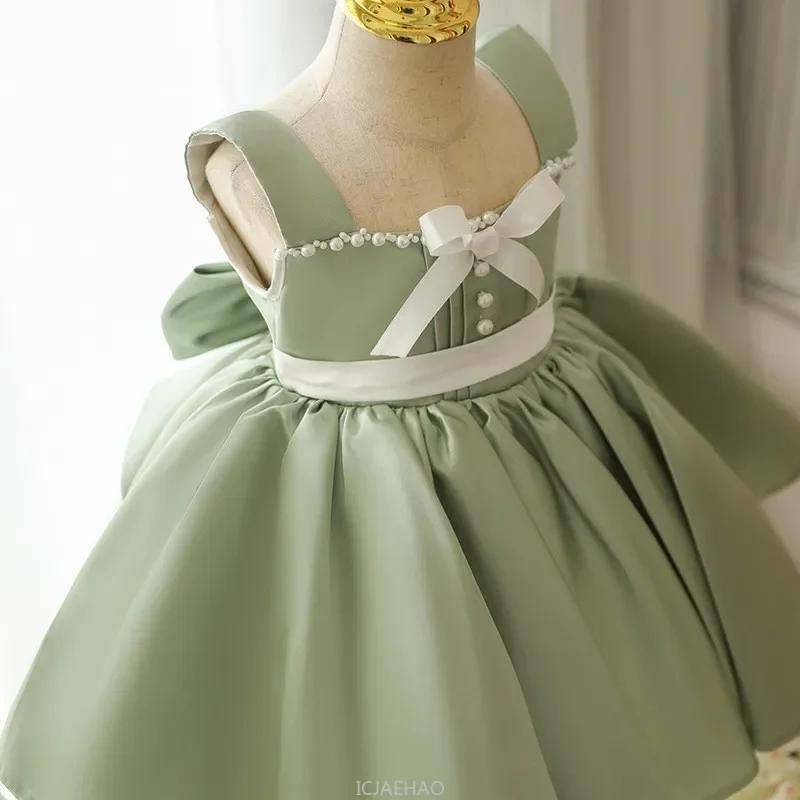

2025 New Baby Girls Princess Bow Dress Square Collar Pageant Baptism Hostess Piano Performance Green Party Gown First Birthday