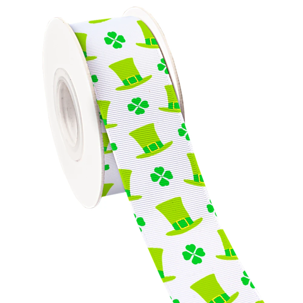Green Clover Saint Patrick\'s Day Printed Grosgrain Ribbon /Satin for Gift Wedding Party Decoration DIY Hair Bow 10 Yards