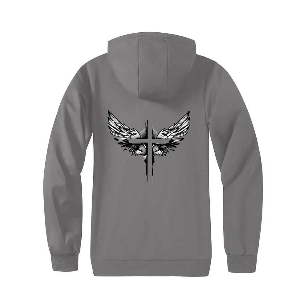 เสื้อแจ็คเก็ตมีฮู้ดผ้าขนแกะสำหรับผู้ชาย พิมพ์ลายปีกกางเขน ซิปแบบคาร์ดิแกน มีกระเป๋าหน้าแบบหนา เสื้อแจ็คเก็ตอุ่นๆ สำหรับใส่เป็นเสื้อนอก