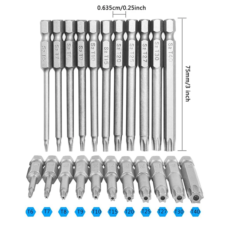

ABBY-22 Pack 75Mm Torx Head Screwdriver Bit Set 1/4 Inch Hex Shank T6-T40 Star Screwdriver Tool Kit With 1 Pack Handle
