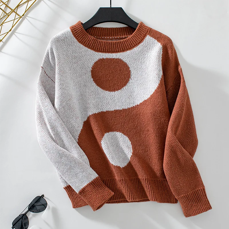 Fashion Color Blocking Knitted Ladies Sweater Top With Round Neck Tai Chi Diagram Long Sleeved Autumn Versatile Sweater 2025 New