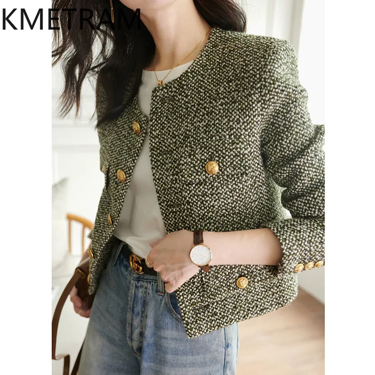 KMETRAM Wool Collarless Jacket Green Tweed Jacket Woman Elegant New in Outerwears Winter Clothes Women 2024 Chaquetas Para Mujer