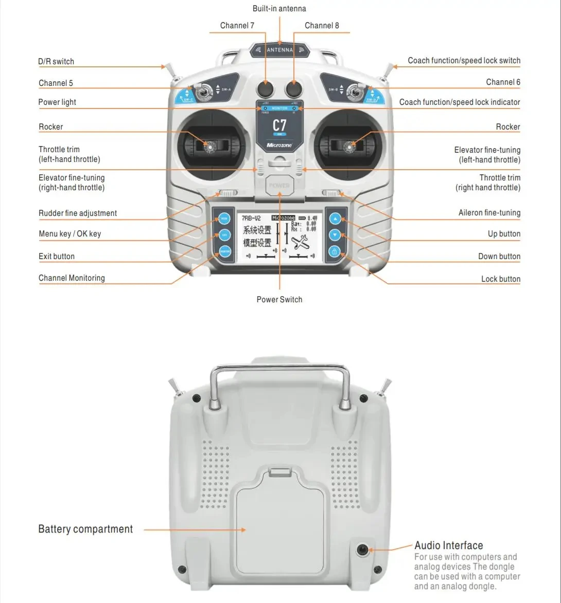 MicroZone MC7 C7 MINI 2.4G nadajnik kontrolera z odbiornikiem MC8RE System radiowy dla zdalnie sterowanego samolotu dronów śmigłowce wielowirnikowe