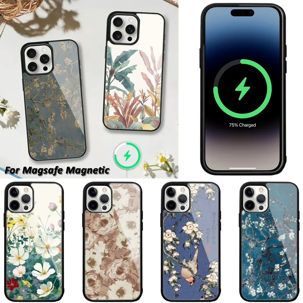 

Vintage Leaves Flower Phone Case For iPhone 15,14,13,12,11 Pro Max Plus Wireless Charging