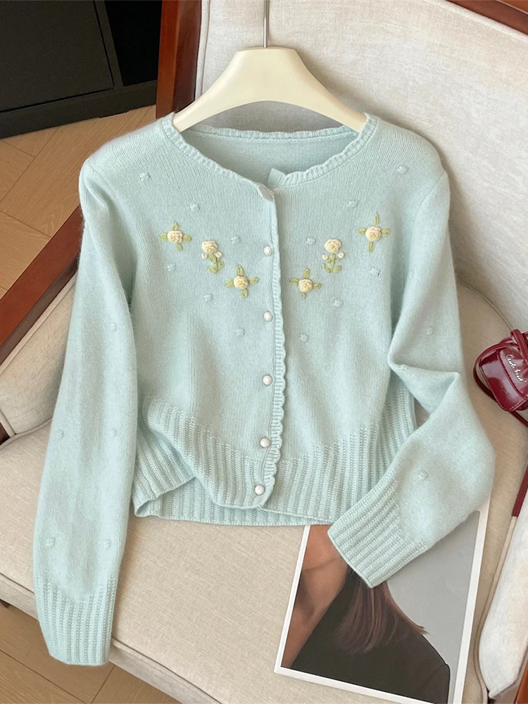 Women Blue Cardigan Sweater Harajuku 90s Vintage Korean Y2k Long Sleeves 3D Floral Cashmere Sweaters Jumper 2000s Clothes Autumn