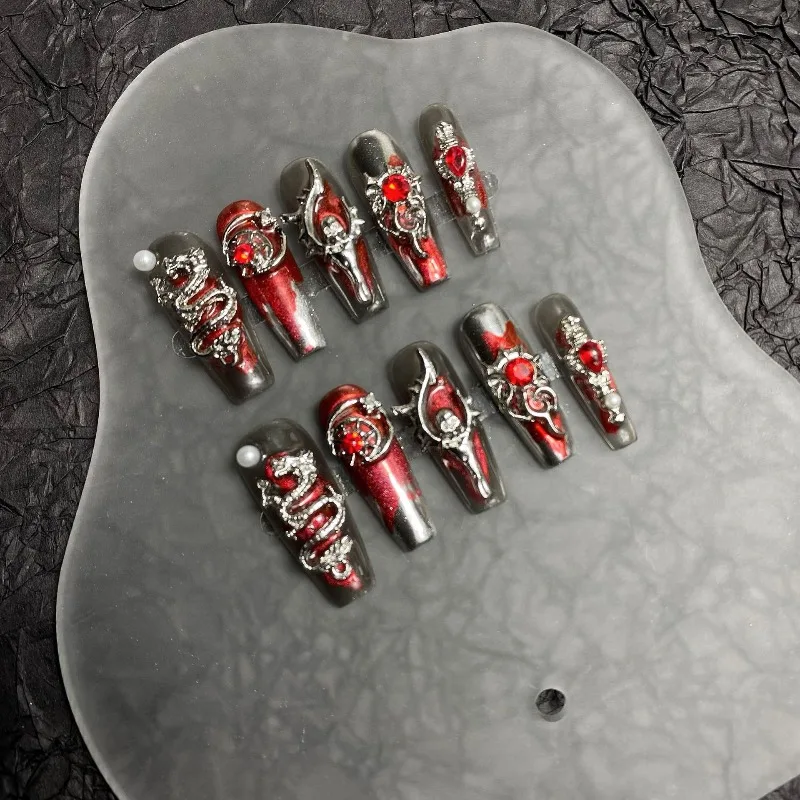 

10PCS Handmade Nails 3D Red Dragon Design Heavy Metal Industrial Vintage Press on Nails Gothic Punk Style Dark Acrylic Nail Art