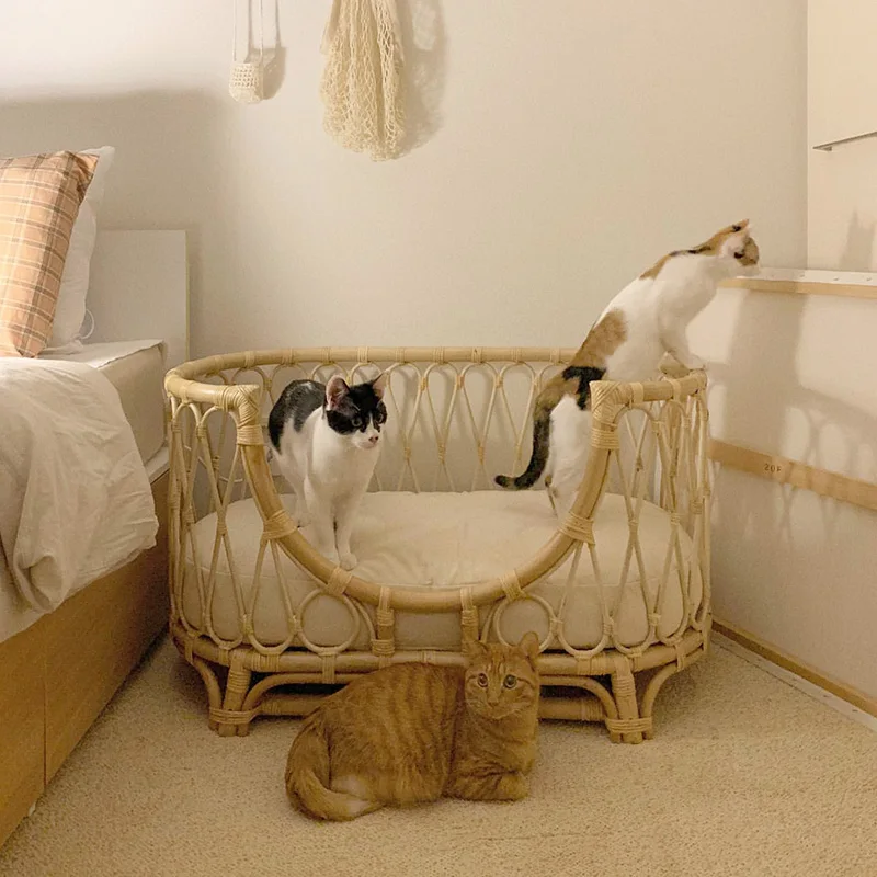 Rattan Pet Bed Hand-Woven Dog Sofa Rattan Chair Cat Princess Bed Ins Baby Rattan Bed