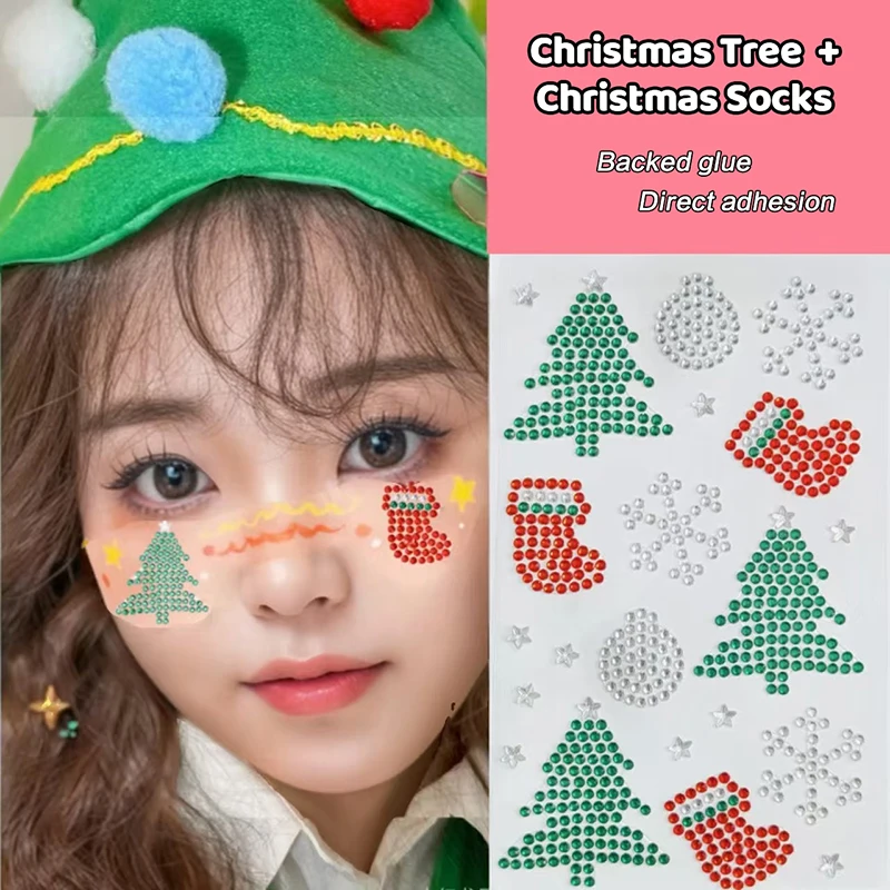 1PC 10*8.5cm Self Adhesive Patch White Snowflake Christmas Makeup Christmas Tree Stickers Rhinestone Eyes Face Temporary Tattoo