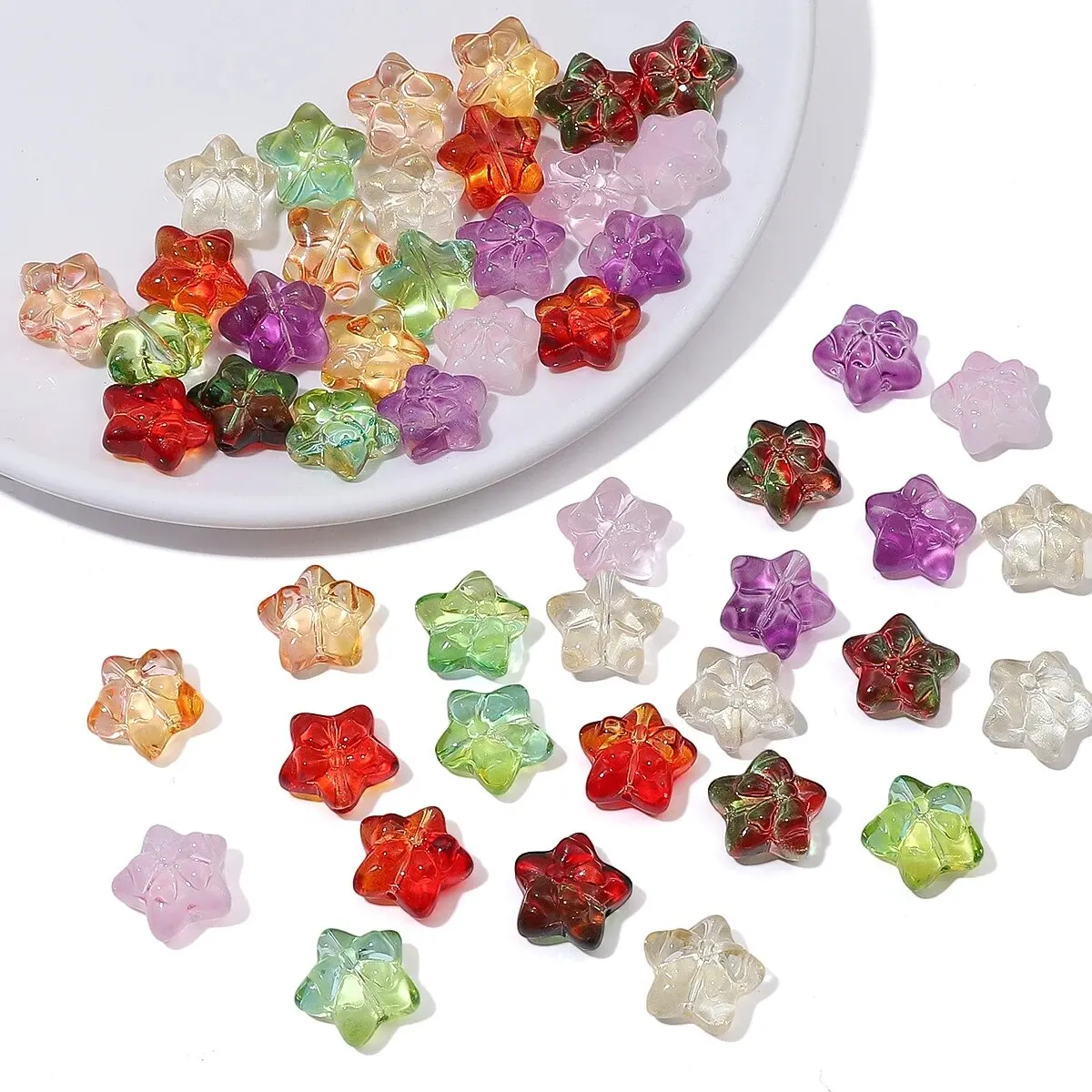 30pcs Colored Glass Pentagonal Star Bow Beads Scattered Beads Handmade DIY Three-dimensional Jelly Beaded Bracelet Accessories