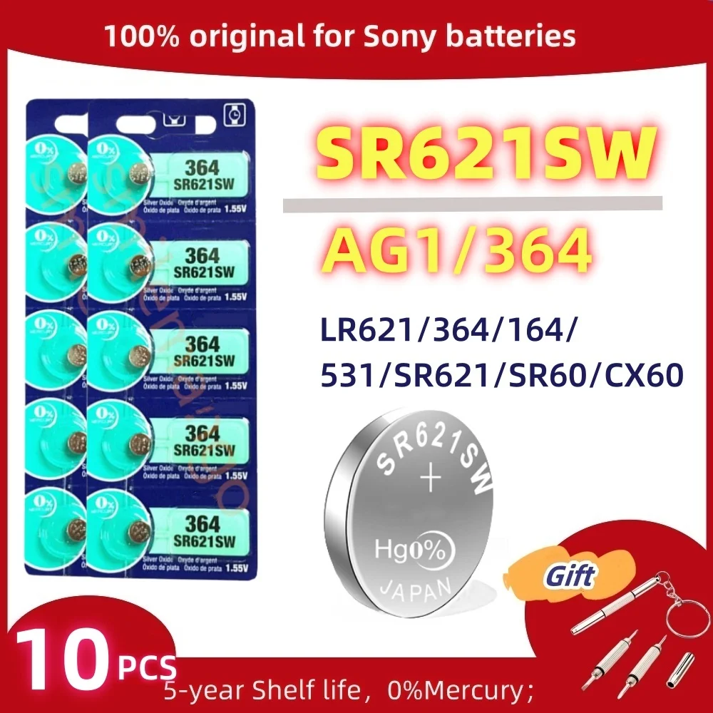 

10 шт. оригинальный кнопочный Аккумулятор для SONY SR621SW AG1 LR621 364 164 531 SR621 SR60 CX60