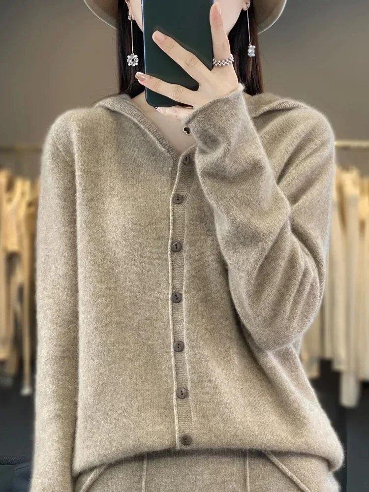 Long Sleeve Women Sweater Autumn Winter Casual Cardigan 100% Merino Wool Solid Hoodie Cashmere Knitwear Korean New Fashion Tops