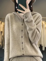 Suéter de manga larga para mujer, cárdigan informal de lana merina, Sudadera con capucha lisa, prendas de punto de Cachemira, Tops de moda coreana, otoño e invierno, 100%